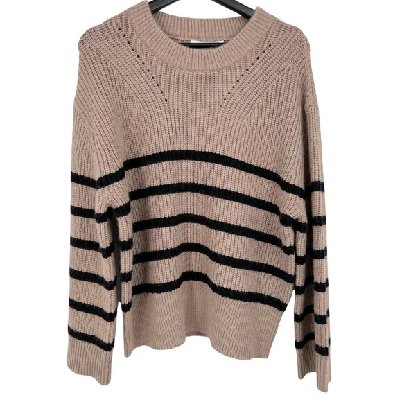 Casual Sweater M Magaschoni Size Small Crew Neck Black Taupe Striped Pull Over - Picture 1 of 7